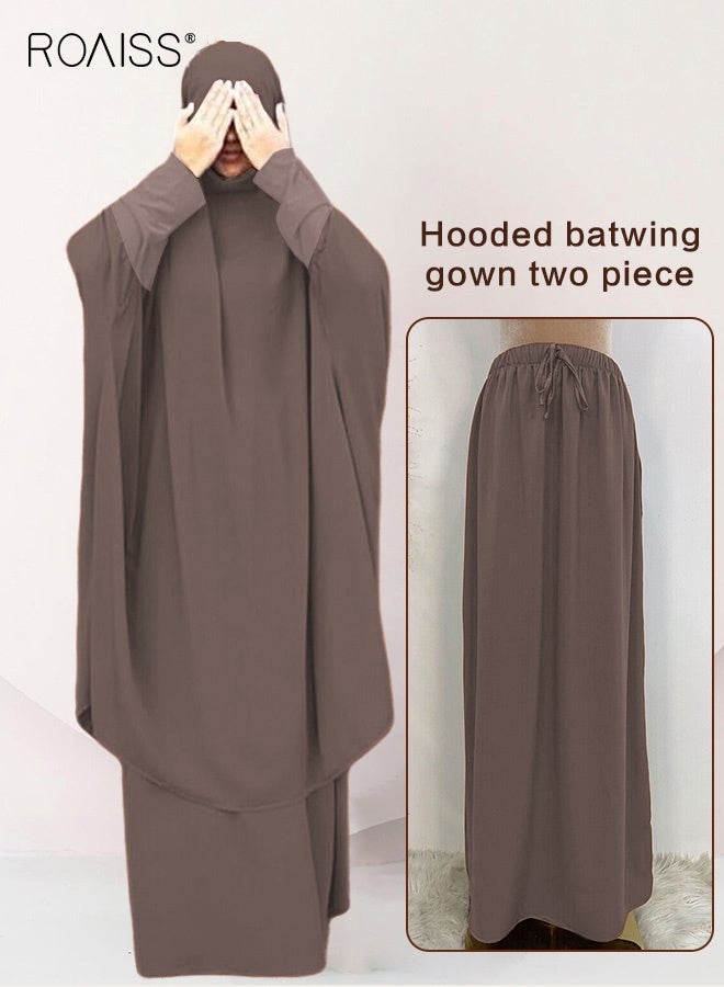 roaiss Women's Traditional Wear Loose Suit Casual Hooded Large Hem Circumference Solid Color Gown 2 Piece Classic National Worship Long Sleeve One-Piece Headscarf Abaya Dress Brown - Image 3